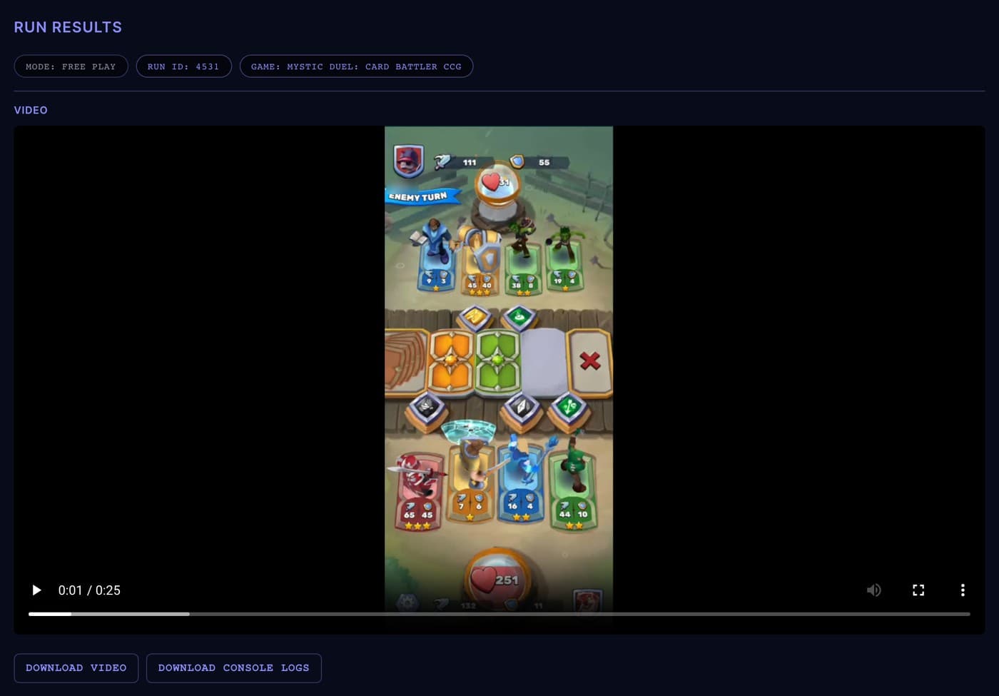 BugHunter console, Run Results for a Mystic Duel free-play session: mode, run and game tags, the session video of a PvP battle, and buttons to download the video and console logs.