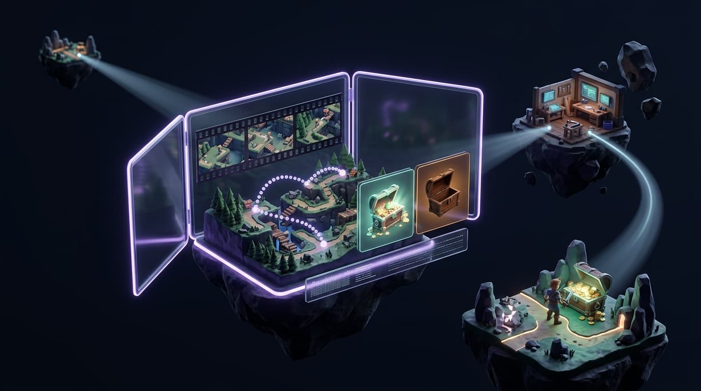 An open evidence case holds a filmstrip of gameplay, a trail of recorded taps across a level, and a full chest next to an empty one. Beams carry it to a developer workshop and back to a retest where the chest is full.