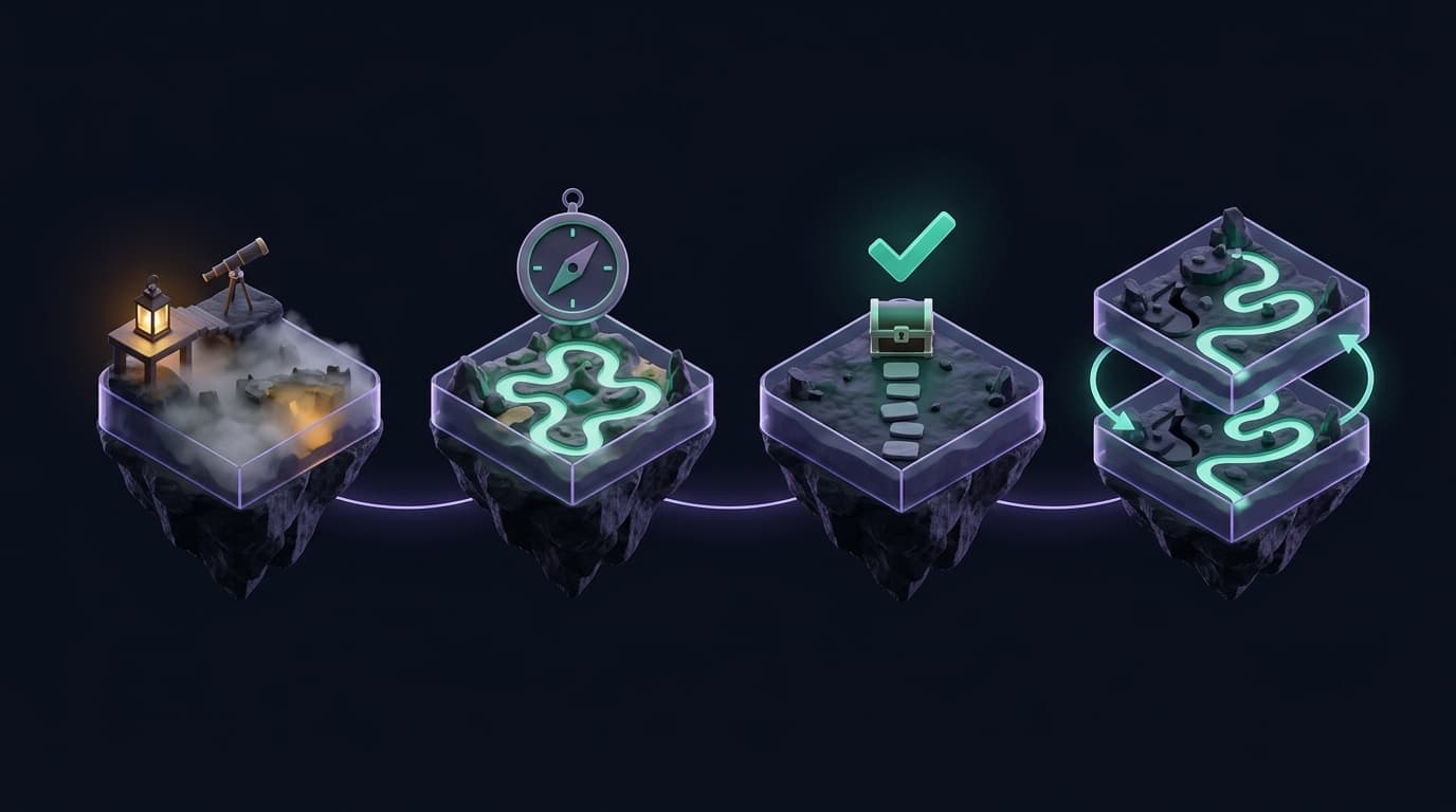 Four small islands in a row: a lantern and telescope over a foggy level, a winding path under a compass, a straight path to a chest with a check mark, and two stacked copies of a level with the same path traced on both.