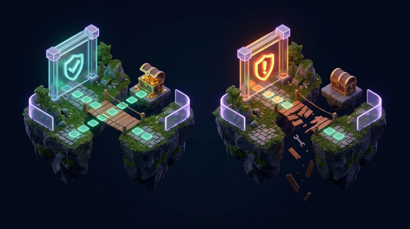 Two identical islands with the same check path to a chest. On the left the bridge is intact and the check glows green. On the right the bridge is broken on purpose and the check lights up red.